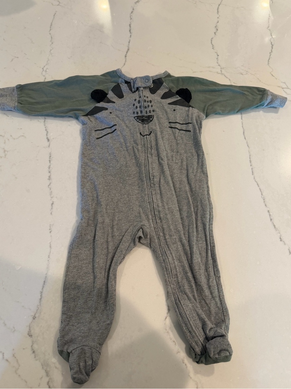 Gerber Grey & Green Baby One-Piece Sleepsuit with Tiger Face- 6-9M